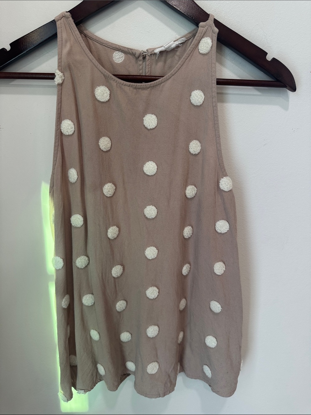 Blu Pepper Taupe Sleeveless Tank with Playful White Pom-Pom Accents – Size M